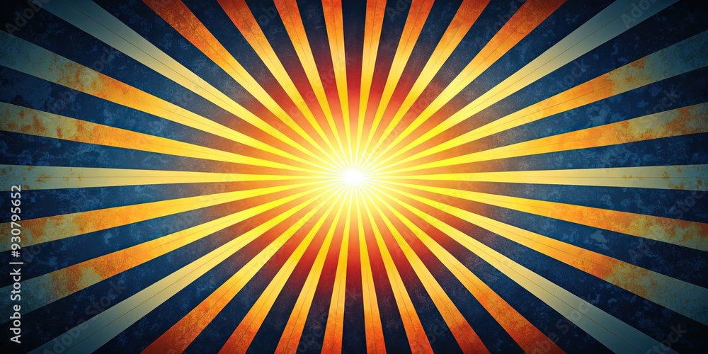 Obraz premium Vibrant sunburst graphic with radiant orange and yellow rays emanating from a central point, set against a dark blue background with subtle texture.