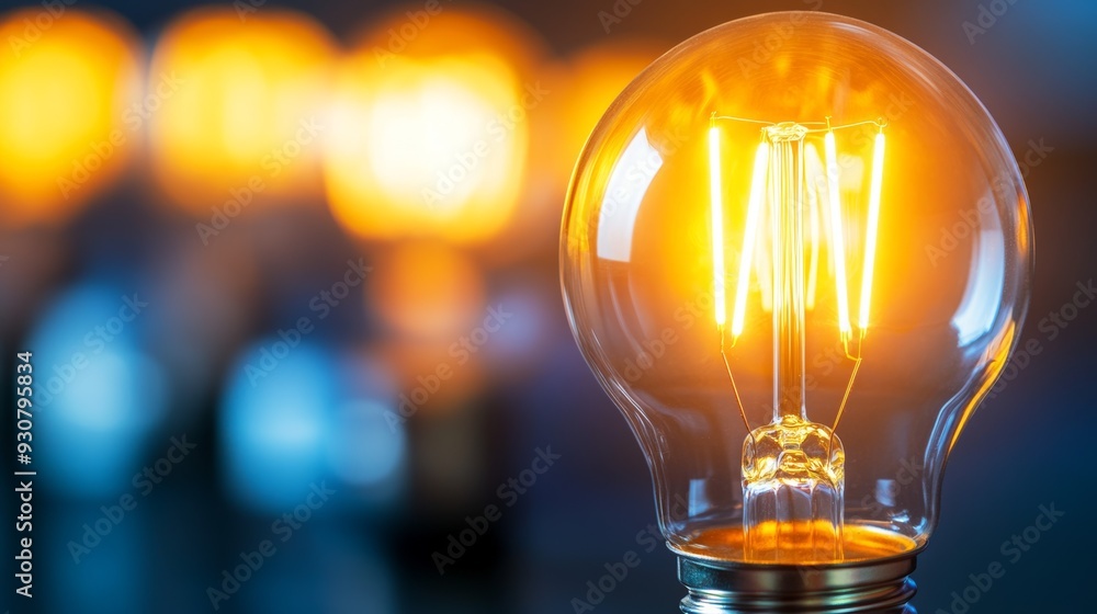 A light bulb is lit up and is the center of attention A light bulb is lit up and is the center of attention