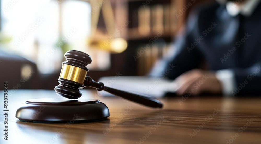 A gavel, resting prominently on a polished wooden table, serves as a powerful symbol of justice and legal proceedings A gavel, resting prominently on a polished wooden table, serves as a powerful symbol of justice and legal proceedings