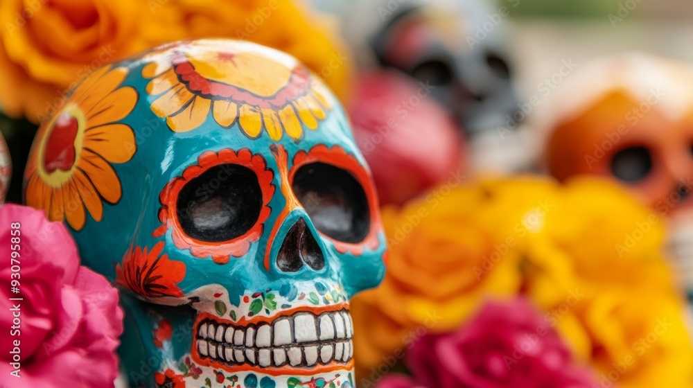 A skull with a smiley face is surrounded by flowers A skull with a smiley face is surrounded by flowers