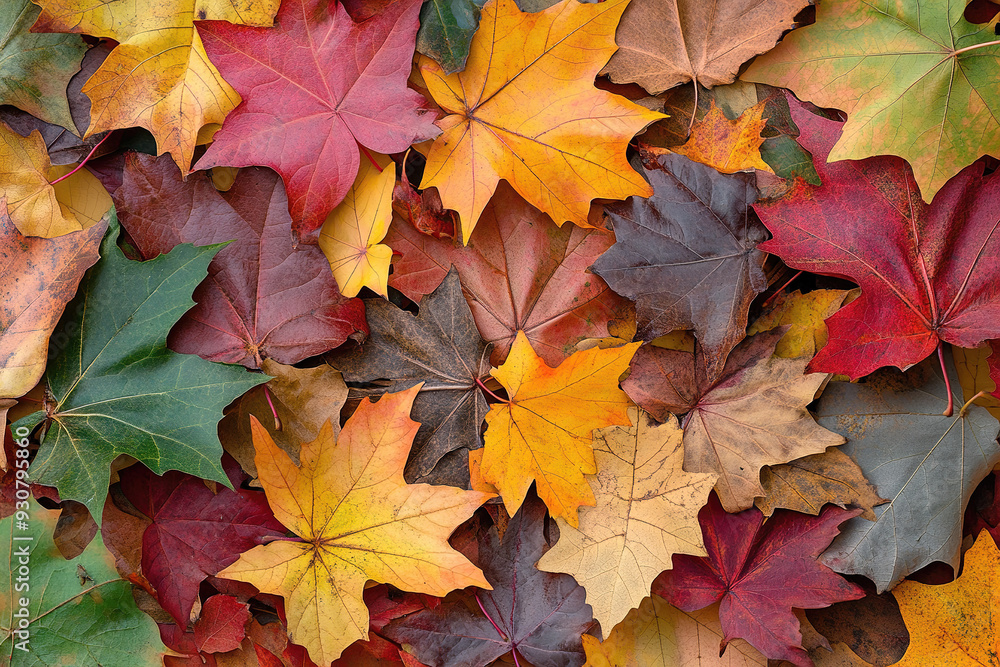 Vibrant fallen maple leaves in various colors cover the ground. Vibrant fallen maple leaves in various colors cover the ground.