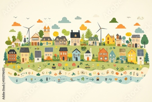 Colorful Illustration of a Sustainable Village with Windmills and Green Energy