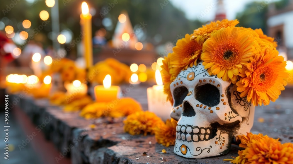 A skull with flowers on it is surrounded by candles A skull with flowers on it is surrounded by candles