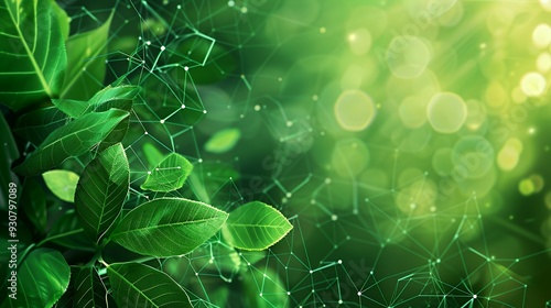A vibrant green background featuring leaves and abstract connections, symbolizing nature and technology.