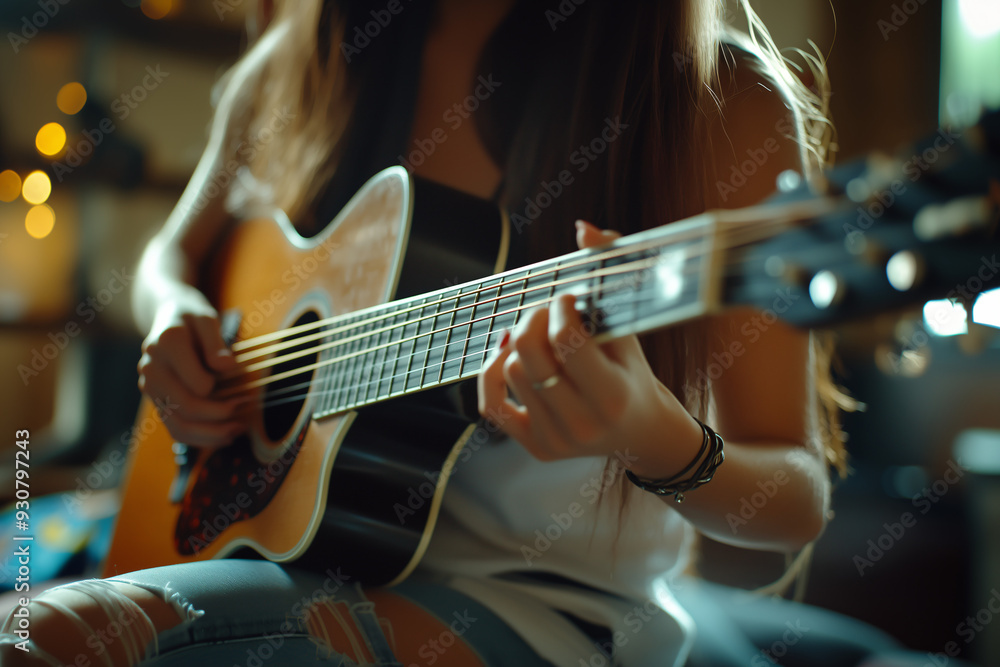 Obraz premium close up hand A young woman is playing the guitar.