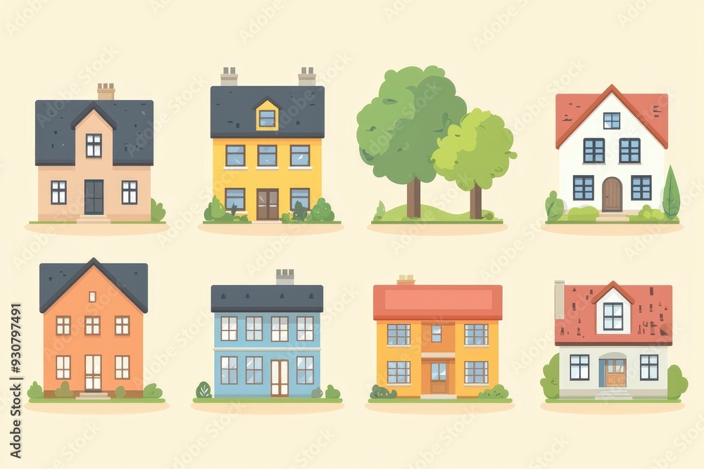 Set of Cartoon Houses with Trees and Green Bushes Illustration Set of Cartoon Houses with Trees and Green Bushes Illustration