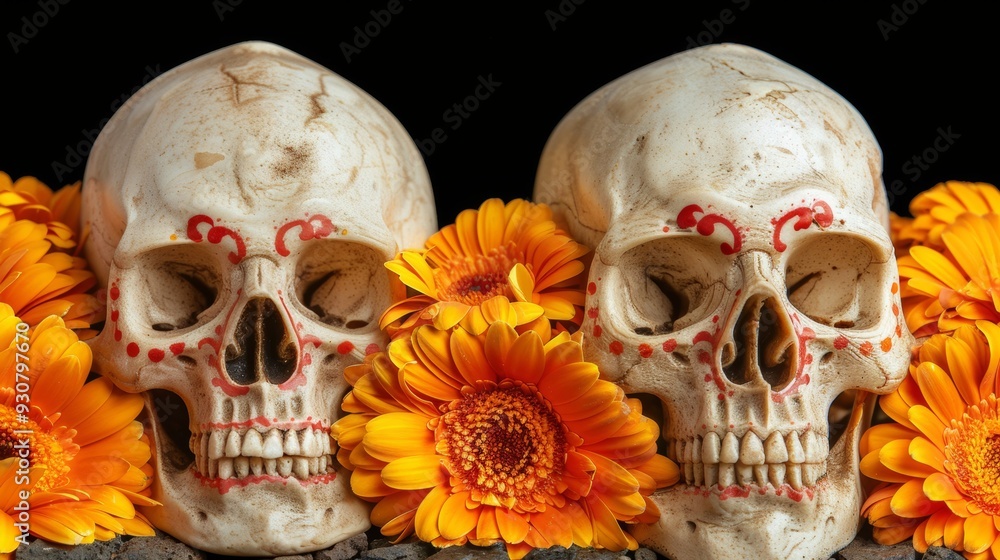Two skulls are placed on a table with orange flowers in between them Two skulls are placed on a table with orange flowers in between them