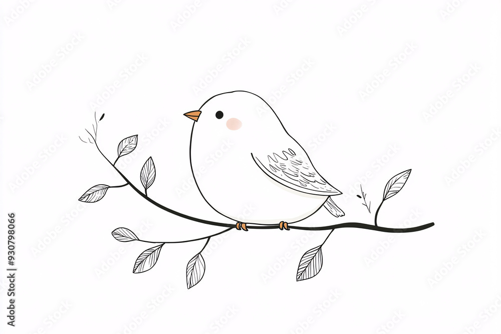 Minimalist white bird with a blush on the cheek perched on a black branch with sparse leaves on a white background Minimalist white bird with a blush on the cheek perched on a black branch with sparse leaves on a white background