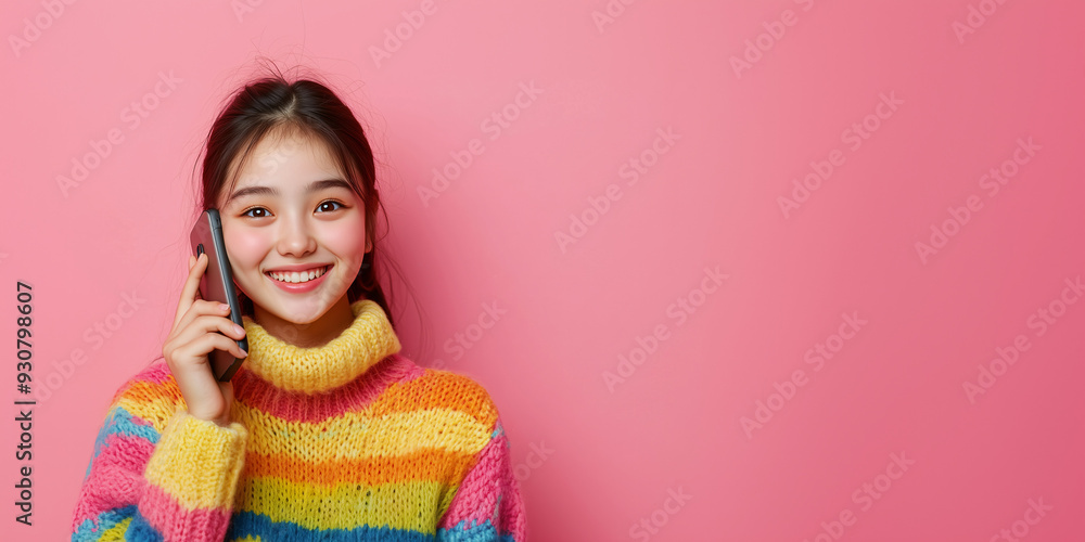 A young woman is happy while talking on the phone on pink background A young woman is happy while talking on the phone on pink background