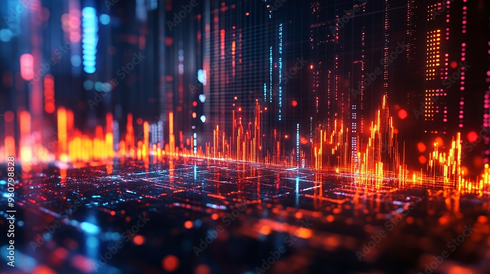 Naklejka premium A vibrant digital landscape with glowing data streams and visualizations.