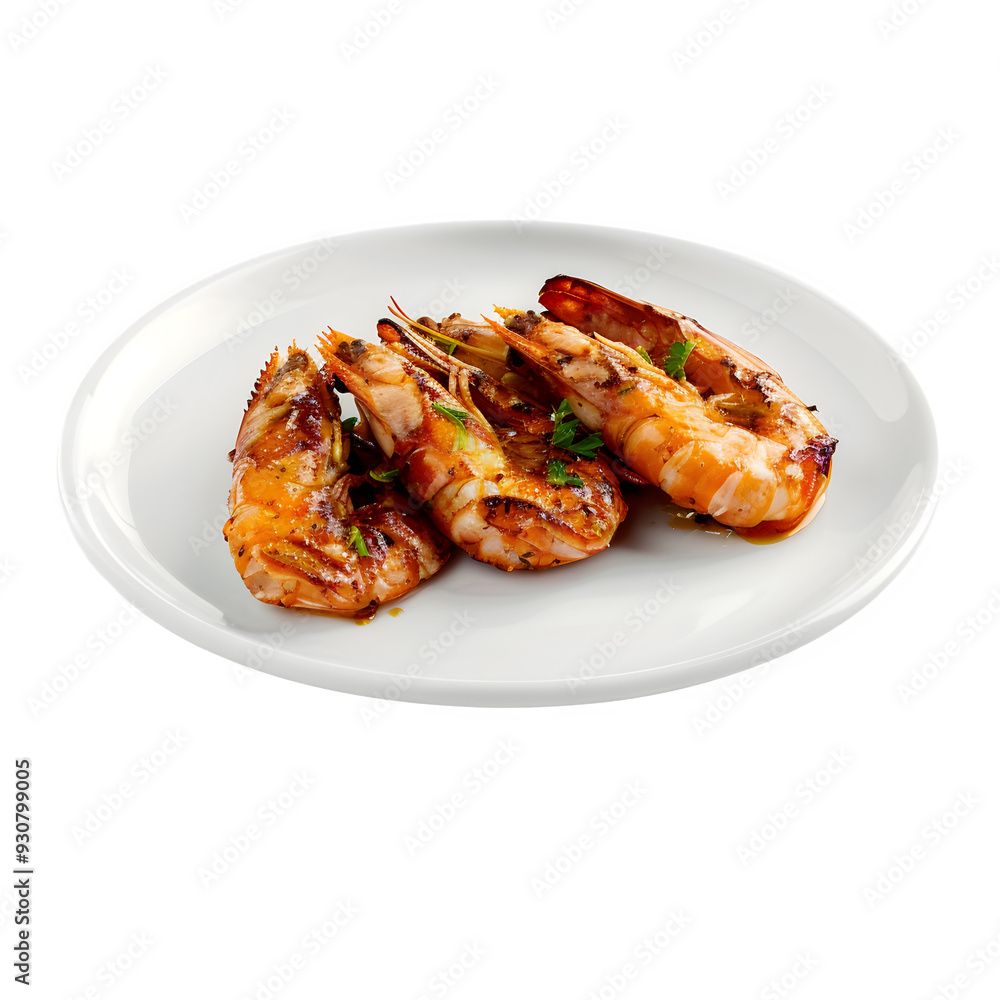 Grilled shrimp served on a white plate with garnish, isolated on a transparent background Grilled shrimp served on a white plate with garnish, isolated on a transparent background