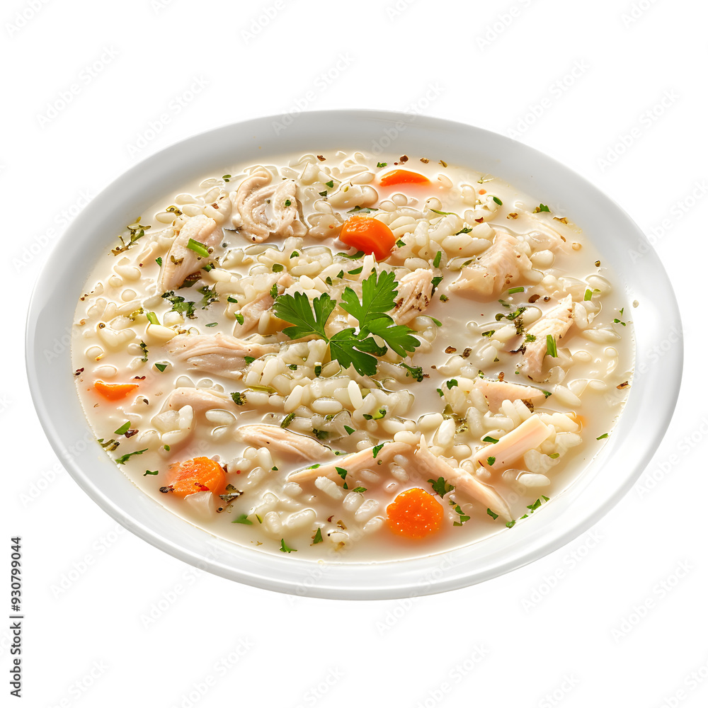 Yummy classic angolan chicken soup served in a white bowl with rice, veggies, and herbs Yummy classic angolan chicken soup served in a white bowl with rice, veggies, and herbs