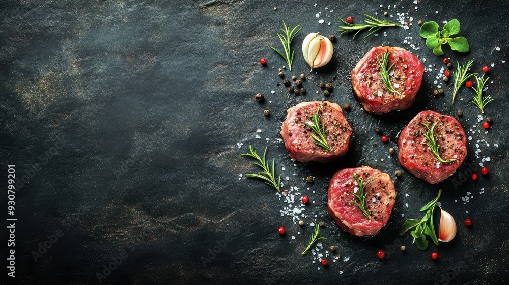 Three raw beef fillets with salt and pepper, surrounded by garlic cloves and rosemary on a dark slate background, ready for gourmet cooking. Three raw beef fillets with salt and pepper, surrounded by garlic cloves and rosemary on a dark slate background, ready for gourmet cooking.