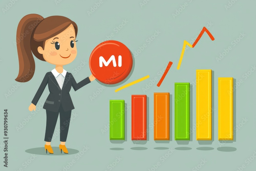 Businesswoman Presenting a Growth Chart with MI Button Businesswoman Presenting a Growth Chart with MI Button