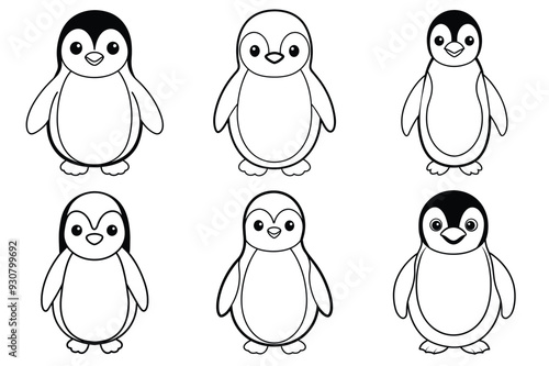 Black ink illustration of a kawaii penguin Children's coloring pages