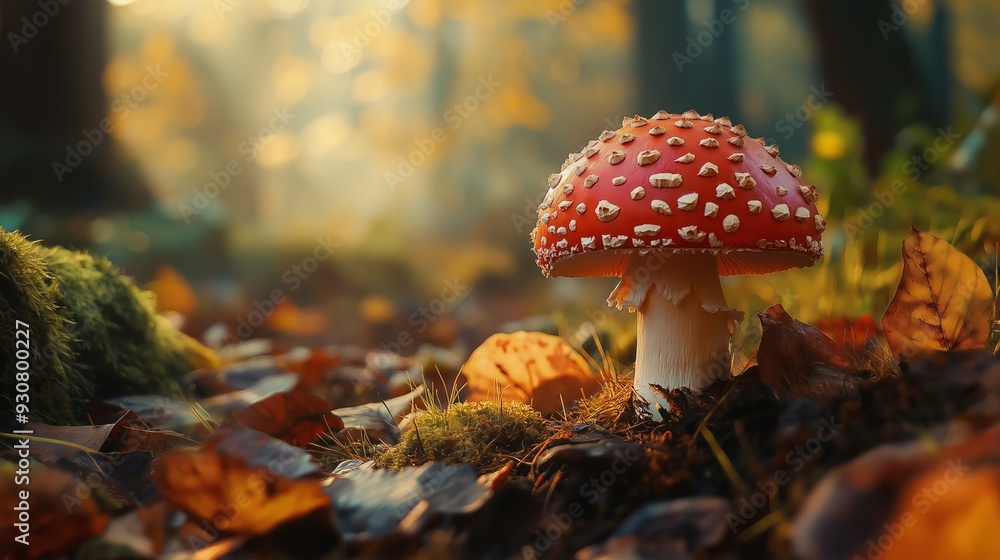 A vibrant edible mushroom stands alone on a forest floor, surrounded by colorful autumn leaves and dappled sunlight. A vibrant edible mushroom stands alone on a forest floor, surrounded by colorful autumn leaves and dappled sunlight.