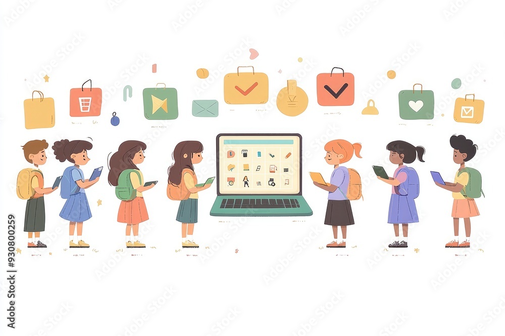 Children using laptops and tablets in classroom with icons around them Children using laptops and tablets in classroom with icons around them