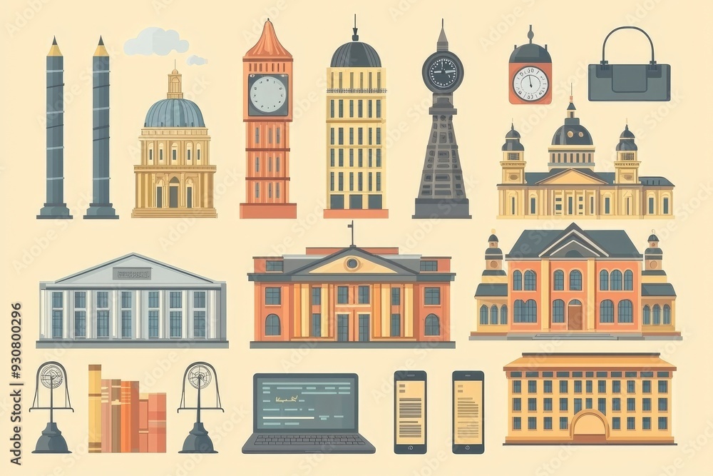 Fototapeta premium Set of Cartoon City Buildings and Landmarks in Flat Style