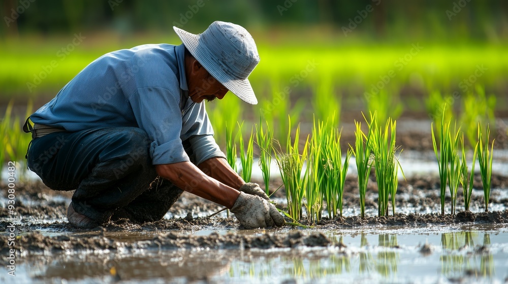A farmer carefully plants seedlings in a wet, muddy paddy field, surrounded by vibrant green rice plants and morning light. A farmer carefully plants seedlings in a wet, muddy paddy field, surrounded by vibrant green rice plants and morning light.