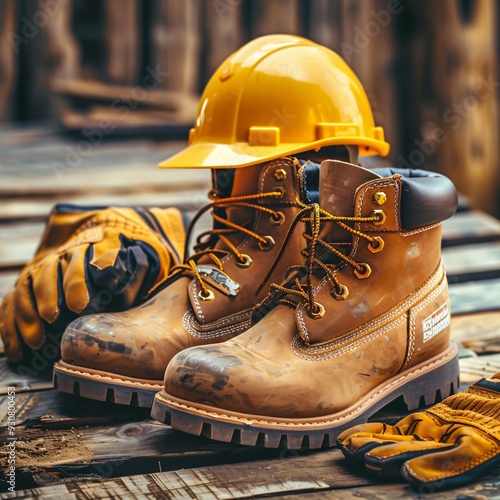Construction boots and helmet on workplace background