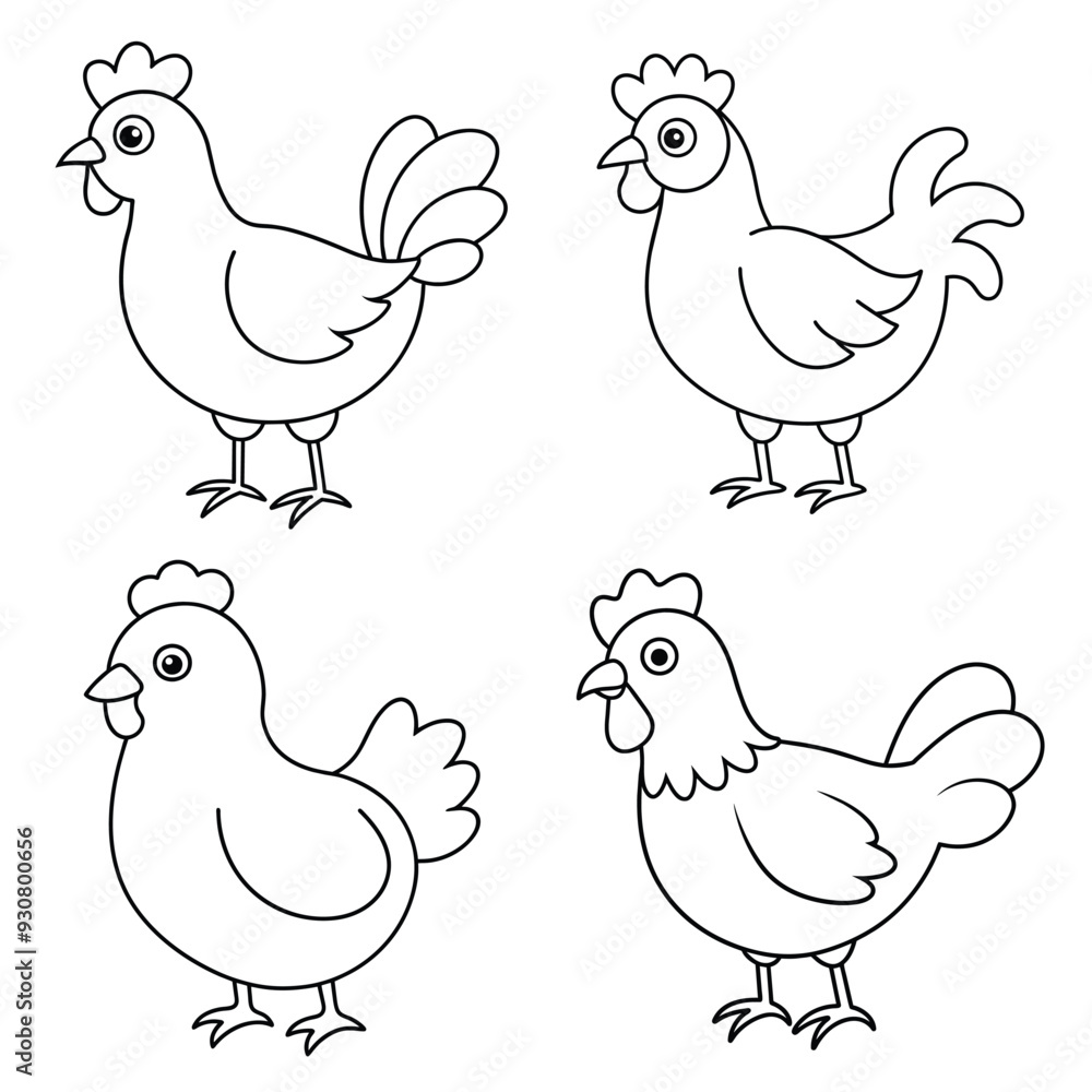 Fototapeta premium Cartoon cute kids black and white chicken coloring pages for kids