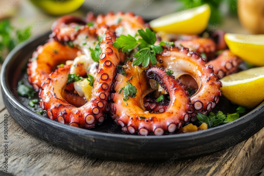 Barbecue octopus in black plate on rustic wooden table, isolated on white background Barbecue octopus in black plate on rustic wooden table, isolated on white background