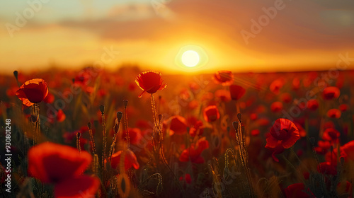 Vibrant, lovely crimson poppies bloom in a field