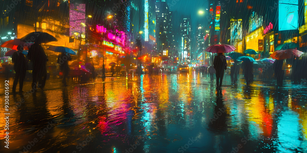Obraz premium Rainy Night in a Colorful Cityscape