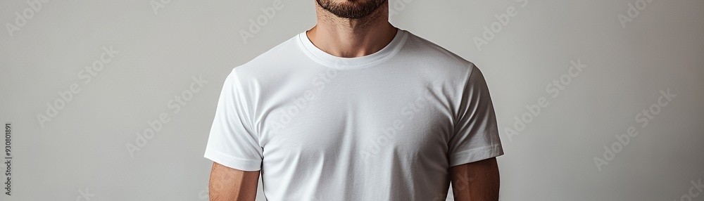 A man wearing a plain white t-shirt against a neutral background. A man wearing a plain white t-shirt against a neutral background.