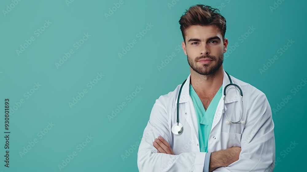 A confident male doctor in a white coat with a stethoscope poses against a teal background. A confident male doctor in a white coat with a stethoscope poses against a teal background.