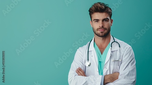 A confident male doctor in a white coat with a stethoscope poses against a teal background.