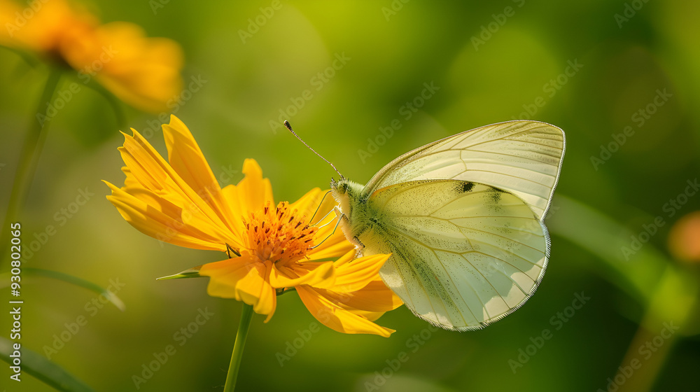 Stunning white butterfly perched atop an unusual yellow blossom Stunning white butterfly perched atop an unusual yellow blossom