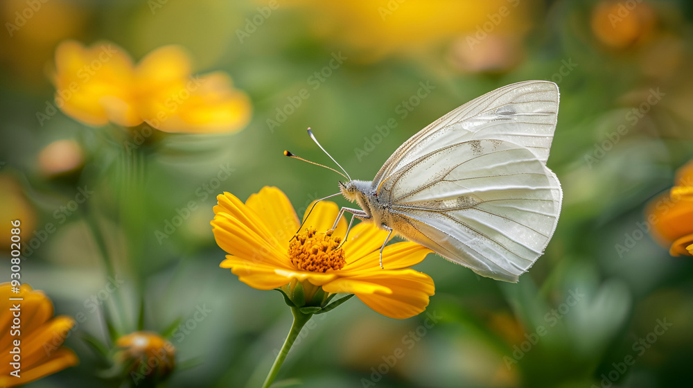 Naklejka premium Stunning white butterfly perched atop an unusual yellow blossom