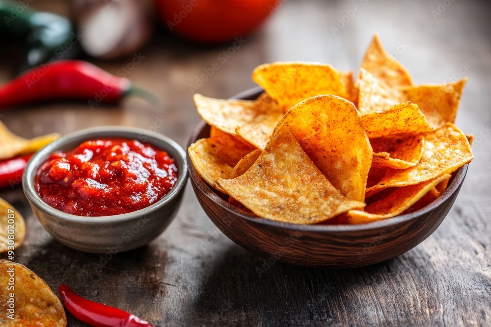 red spicy Crispy potato chips in bowl on wooden table background with spicy sauce red spicy Crispy potato chips in bowl on wooden table background with spicy sauce