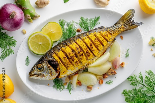 overhead view,Ikan Pesmol or Ikan Bumbu Kuning is Indonesian food, isolated on white background photo