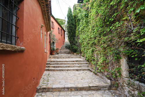 View through an alley in the old town of Begur with tendrils on the houses, Catalonia, Spain photo