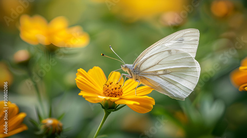 Stunning white butterfly perched atop an unusual yellow blossom