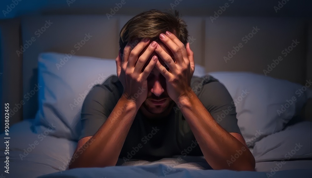 A man is laying on a bed with his hands on his face. He is in a state of distress or frustration A man is laying on a bed with his hands on his face. He is in a state of distress or frustration