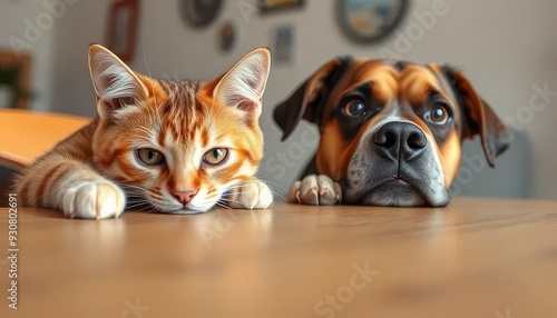 A cat and a dog are laying on a table