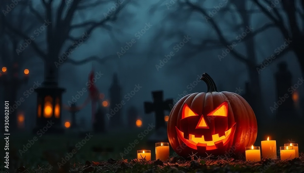 A pumpkin with a scary face is sitting on the ground next to a cemetery. The scene is set in a graveyard at night, with candles and lanterns illuminating the area A pumpkin with a scary face is sitting on the ground next to a cemetery. The scene is set in a graveyard at night, with candles and lanterns illuminating the area