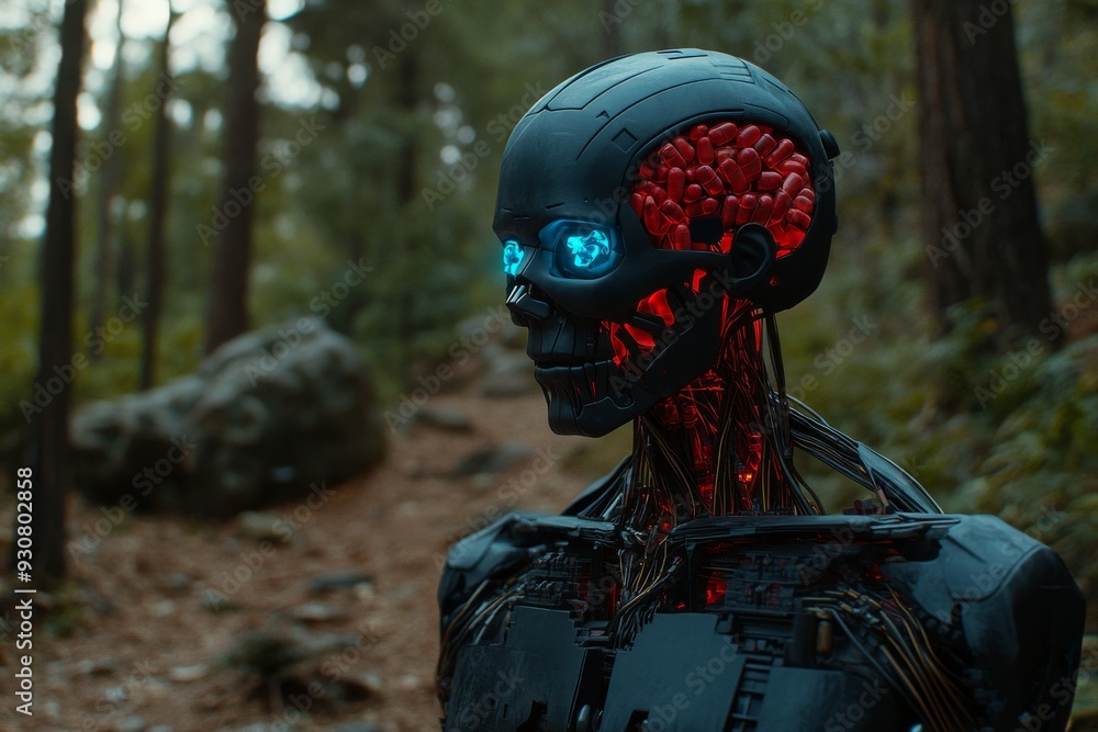 Futuristic robot with a detailed cybernetic head in a forest exploring the contrast between technology and natural environments Futuristic robot with a detailed cybernetic head in a forest exploring the contrast between technology and natural environments