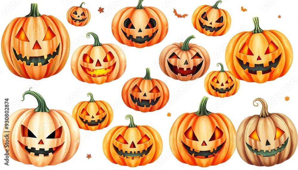 A row of pumpkins with faces on them, some of which are smiling and some of which are frowning A row of pumpkins with faces on them, some of which are smiling and some of which are frowning