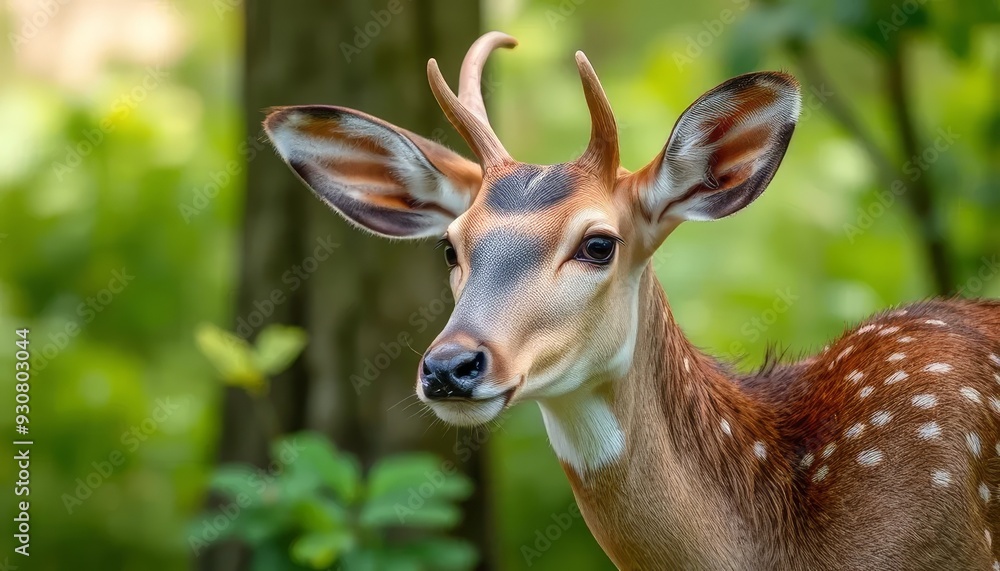 A deer with a long, pointy antler on its head. The deer is looking straight ahead A deer with a long, pointy antler on its head. The deer is looking straight ahead