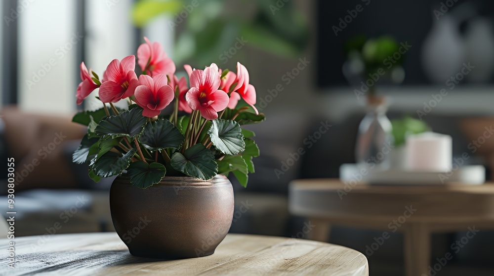 A decorative potted plant with pink flowers, enhancing a cozy living space. A decorative potted plant with pink flowers, enhancing a cozy living space.