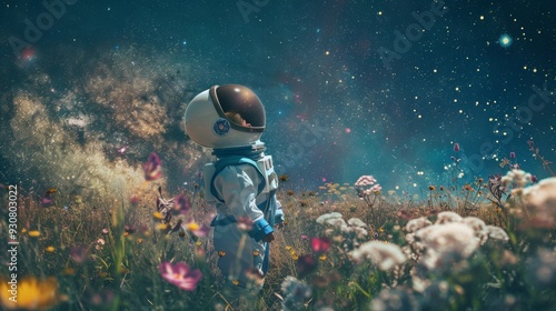 boy with astronaut suit in a flower field looking at the starry night photo