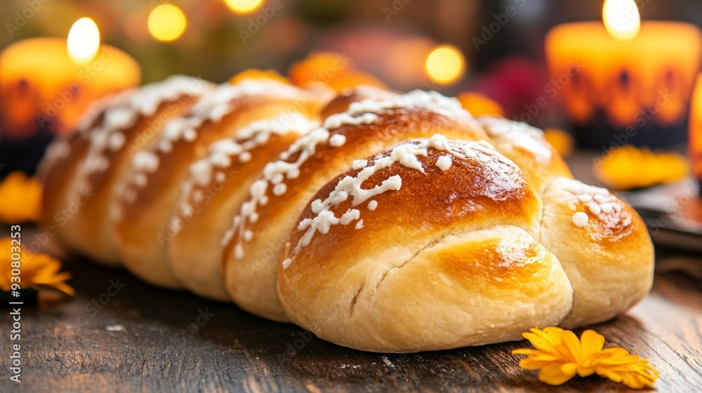 A long, brown bread with white sugar sprinkled on top A long, brown bread with white sugar sprinkled on top