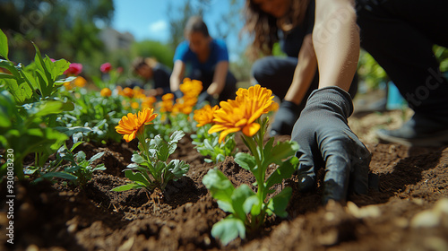 A group of volunteers planting flowers along a city street, adding color and life to the urban environment.