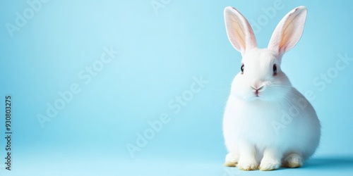 White bunny sitting on a soft blue background. Minimalistic and serene springtime scene.