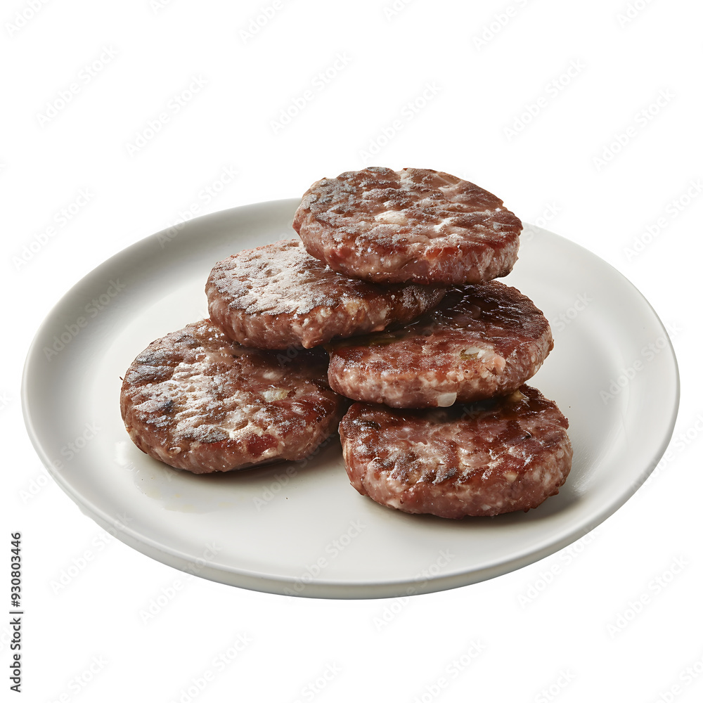 Pile of classic bulgarian meat patties displayed on a clean white dish, set against a clear background, ideal for cooking and food-themed projects Pile of classic bulgarian meat patties displayed on a clean white dish, set against a clear background, ideal for cooking and food-themed projects