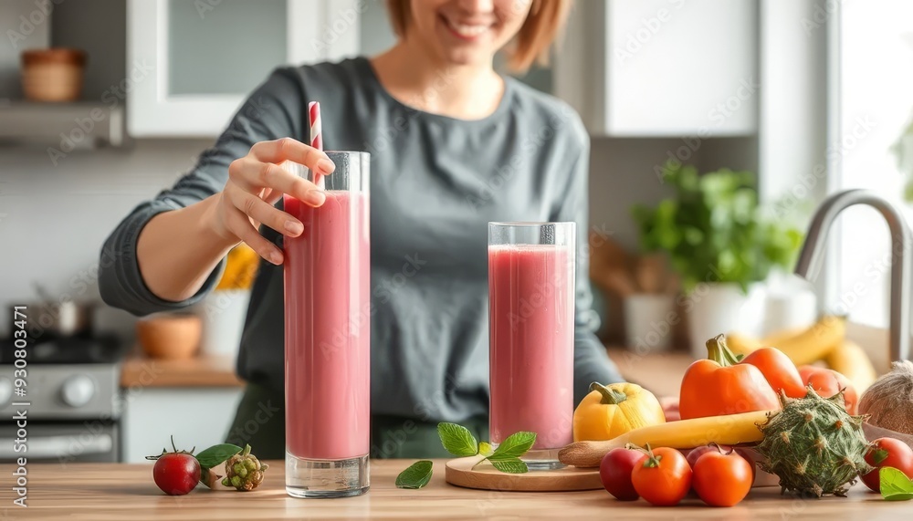 A woman is making a smoothie with a straw in a glass. The smoothie is pink and is sitting on a wooden table. There are several fruits and vegetables on the table, including bananas, tomatoes A woman is making a smoothie with a straw in a glass. The smoothie is pink and is sitting on a wooden table. There are several fruits and vegetables on the table, including bananas, tomatoes
